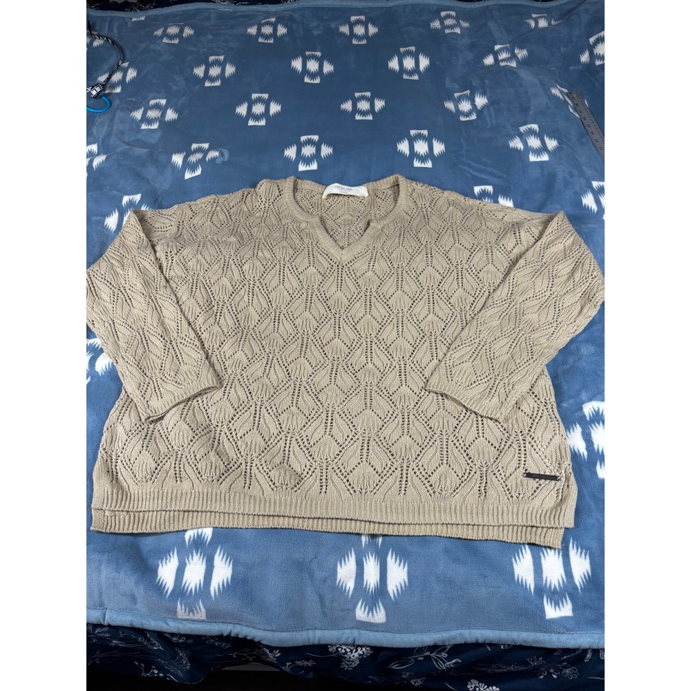 Peace Love World Boheme Tan Pointelle Knit V-Neck Sweater Women Large